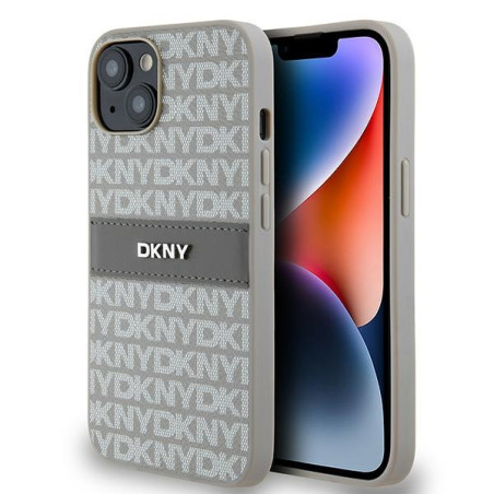 Kryt DKNY Leather Mono Stripe pro iPhone 15/14/13 - béžová