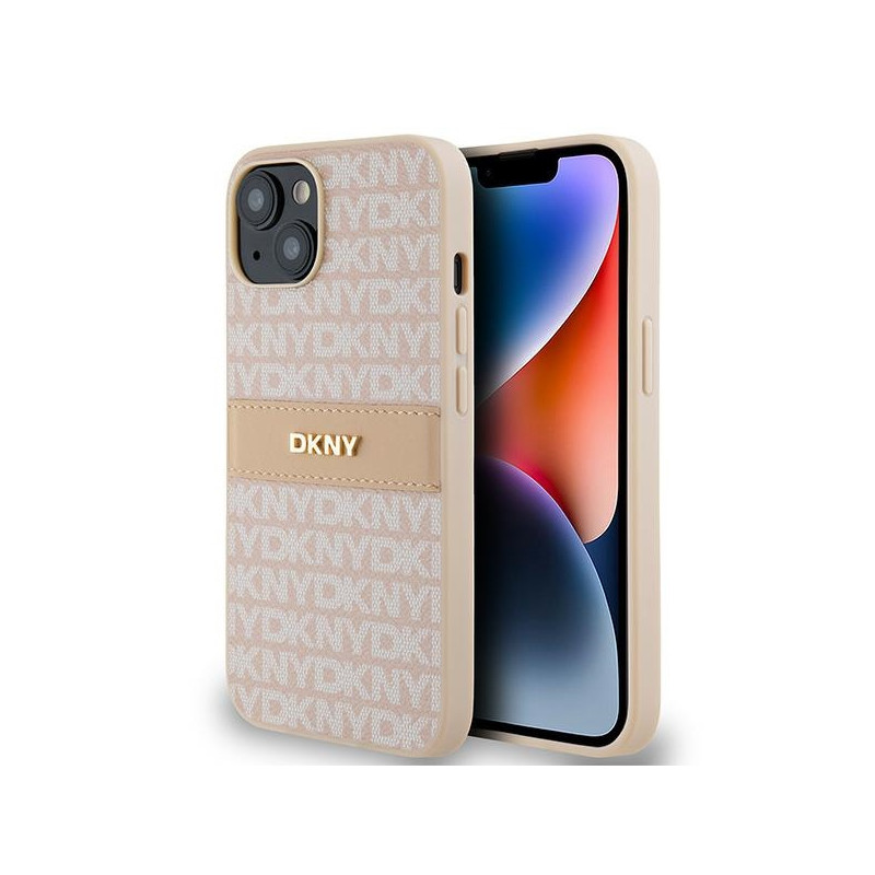 Kryt DKNY LEATHER MONO STRIPE & METAL LOGO pro iPhone 15 / 14 / 13 - růžový