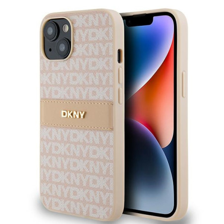 Kryt DKNY LEATHER MONO STRIPE & METAL LOGO iPhone 15/14/13 - růžový