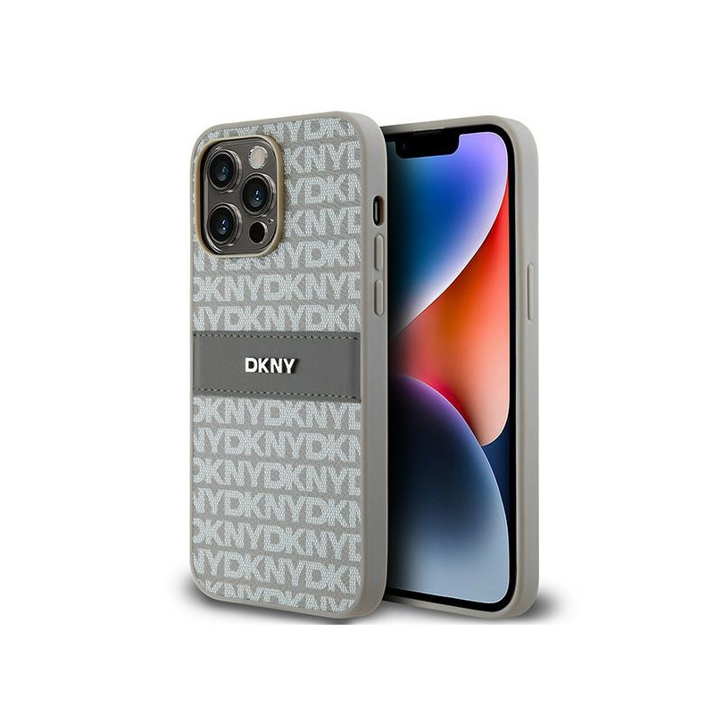Kryt DKNY Leather Mono Stripe & Metal Logo pro iPhone 14 Pro Max - béžový