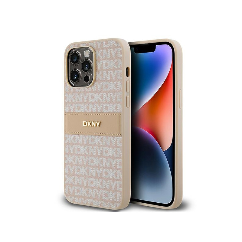 Pouzdro DKNY Leather Mono Stripe & Metal Logo pro iPhone 14 Pro Max - růžová