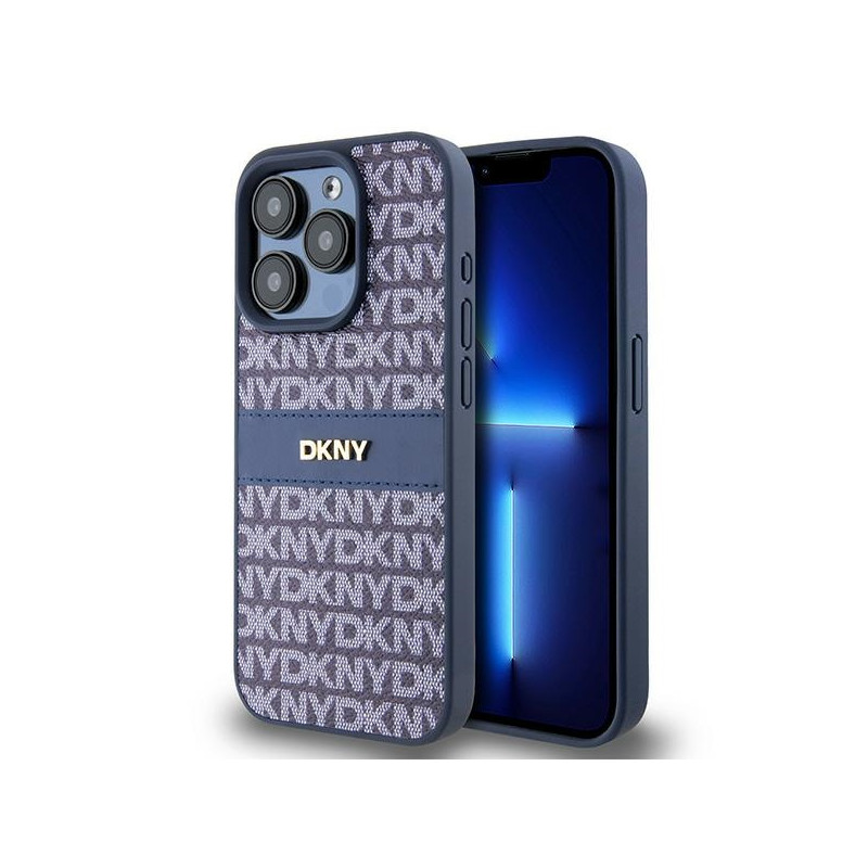 Kryt DKNY LEATHER MONO STRIPE & METAL LOGO pro iPhone 15 Pro - modrý
