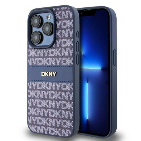 Kryt DKNY LEATHER MONO STRIPE & METAL LOGO pro iPhone 15 Pro - modrý