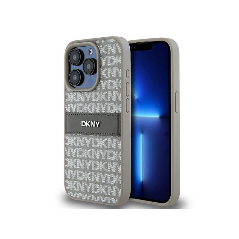 Pouzdro DKNY LEATHER MONO STRIPE & METAL LOGO pro iPhone 15 Pro - béžové