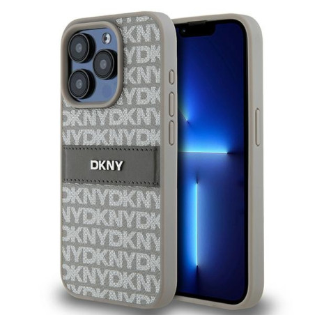 Pouzdro DKNY Leather Mono Stripe pro iPhone 15 Pro - béžové