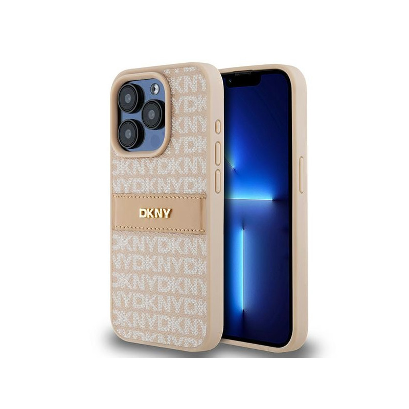 Pouzdro DKNY Leather Mono Stripe & Metal Logo pro iPhone 15 Pro - růžová