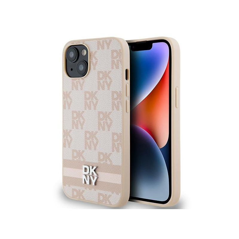 Kryt DKNY LEATHER CHECKERED MONO PATTERN & PRINTED STRIPES pro iPhone 15 Plus / 14 Plus - pink