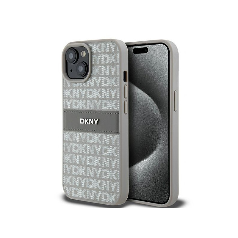 Pouzdro DKNY Leather Mono Stripe & Metal Logo pro iPhone 15 Plus / 14 Plus - béžové