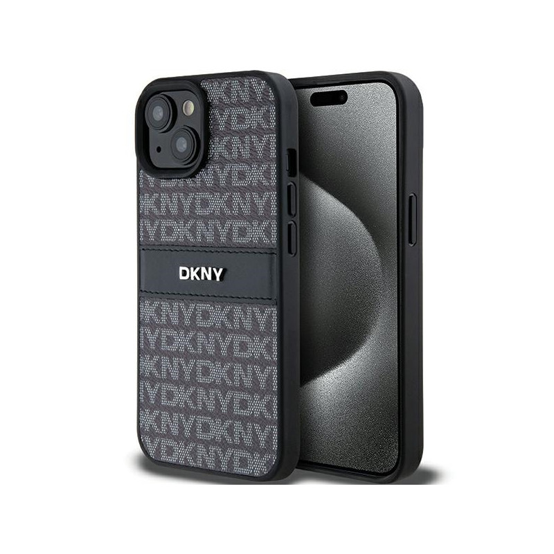 Kryt DKNY Leather Mono Stripe & Metal Logo pro iPhone 15 Plus / 14 Plus - černý