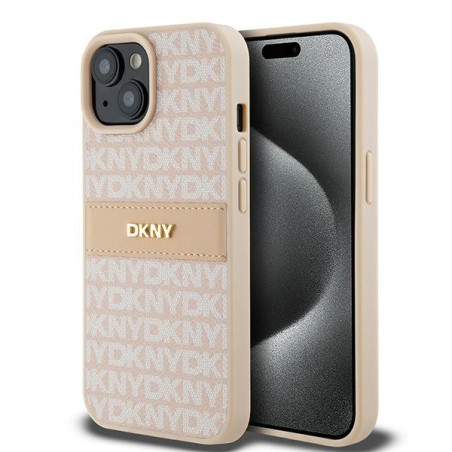 Kryt DKNY LEATHER MONO STRIPE pro iPhone 15 Plus - růžový