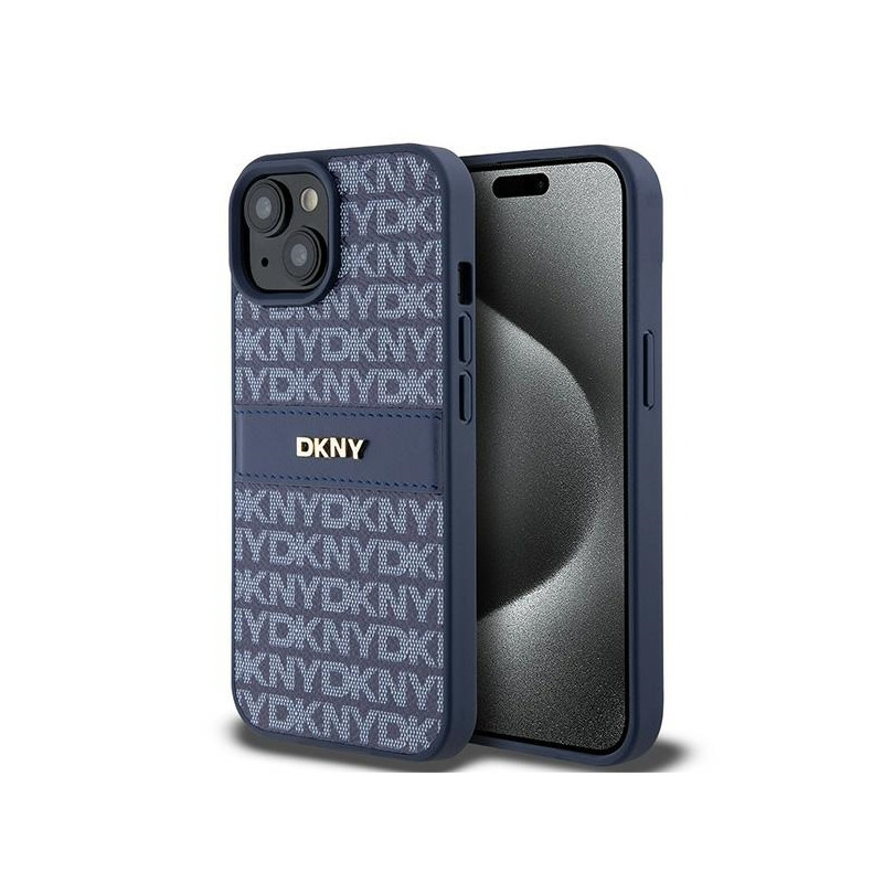 Pouzdro DKNY LEATHER MONO STRIPE & METAL LOGO pro iPhone 15 / 14 / 13 - modré