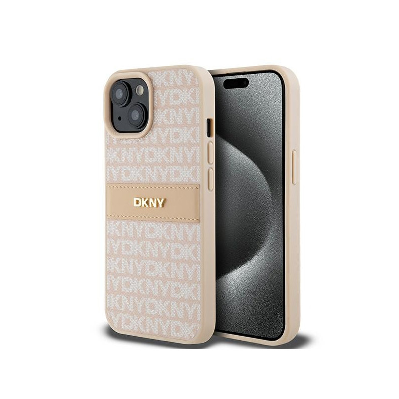 Kryt DKNY Leather Mono Stripe & Metal Logo pro iPhone 15 / 14 / 13 - pink