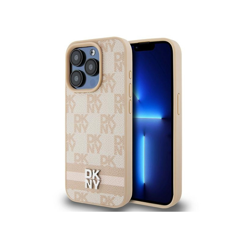 Kryt DKNY Leather Checkered Mono Pattern & Printed Stripes pro iPhone 15 Pro Max - růžová
