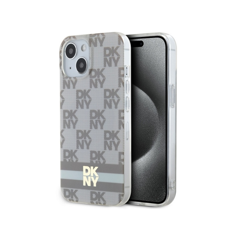 Kryt DKNY IML Checkered Mono Pattern & Printed Stripes MagSafe pro iPhone 15 / 14 / 13 - beige