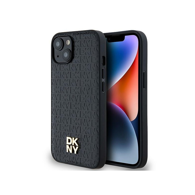 Kryt DKNY LEATHER MONOGRAM PATTERN Metal Logo pro iPhone 15 / 14 / 13 - černý