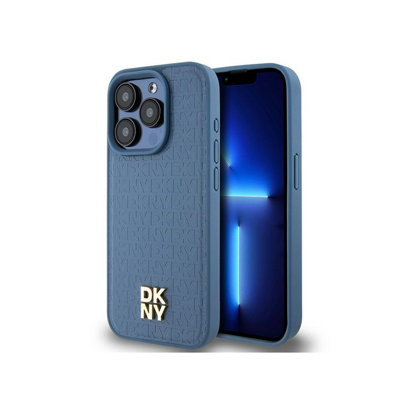 Kryt DKNY Leather Monogram Pattern Metal Logo MagSafe pro iPhone 15 Pro - modrá