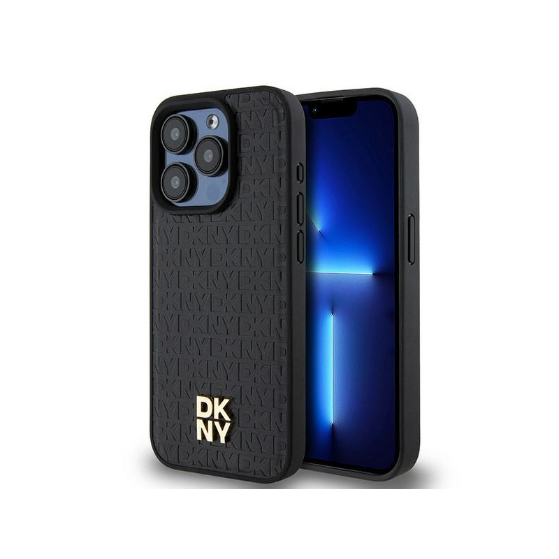 Kryt DKNY LEATHER MONOGRAM PATTERN METAL LOGO MagSafe pro iPhone 15 Pro - černý