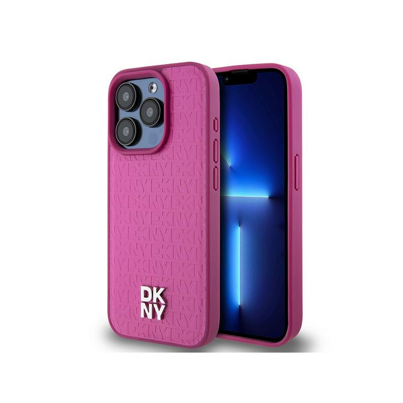 Kryt DKNY LEATHER MONOGRAM PATTERN Metal Logo MagSafe pro iPhone 15 Pro - růžová