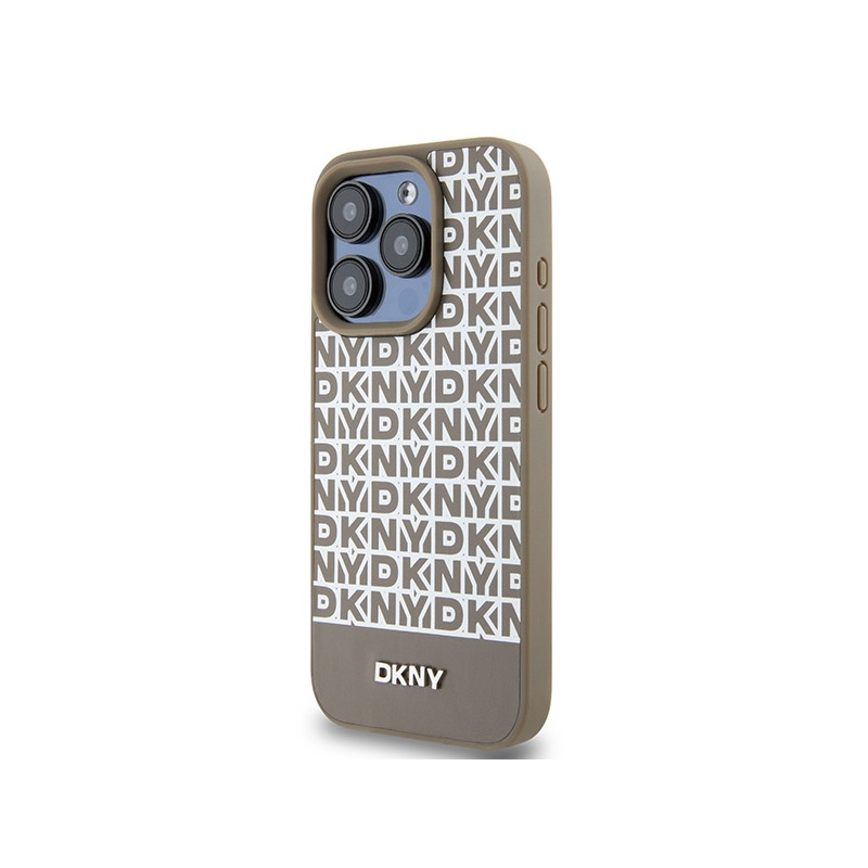 Kryt DKNY LEATHER PRINTED PATTERN METAL LOGO pro iPhone 15 Pro - hnědý