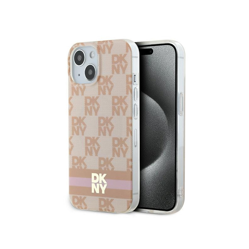 Kryt DKNY IML Checkered Mono Pattern & Printed Stripes MagSafe pro iPhone 15 / 14 / 13 - růžová