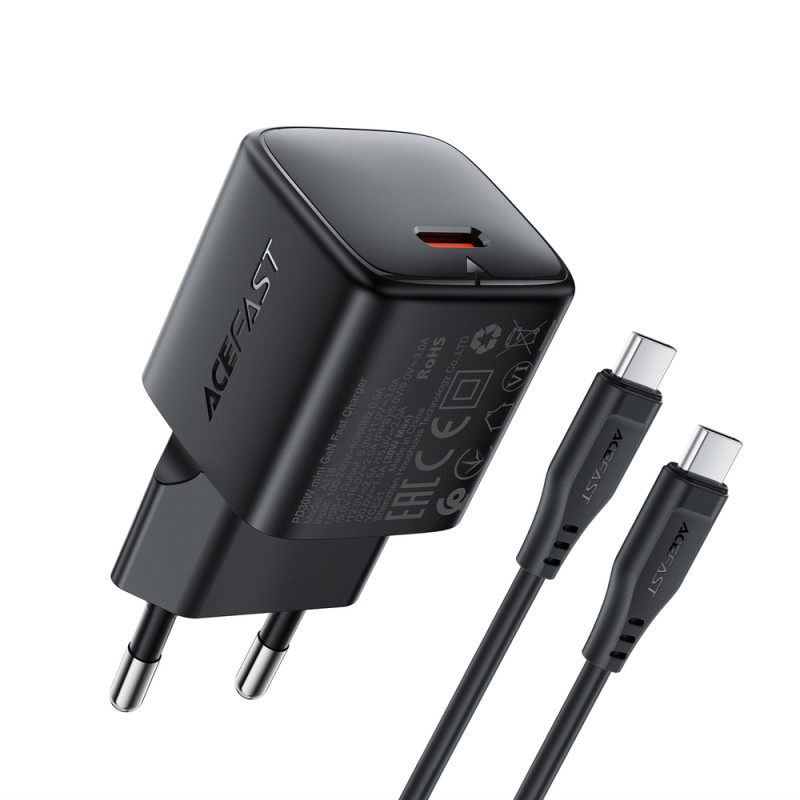 Acefast A118 30W GaN USB-C Wall Charger with USB-C - USB-C Cable 1.2m - Black