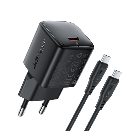 Acefast A118 30W GaN USB-C Wall Charger with USB-C - USB-C Cable 1.2m - Black