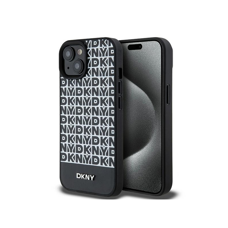 Kryt DKNY LEATHER PRINTED PATTERN METAL LOGO MagSafe pro iPhone 15/14/13 - černý