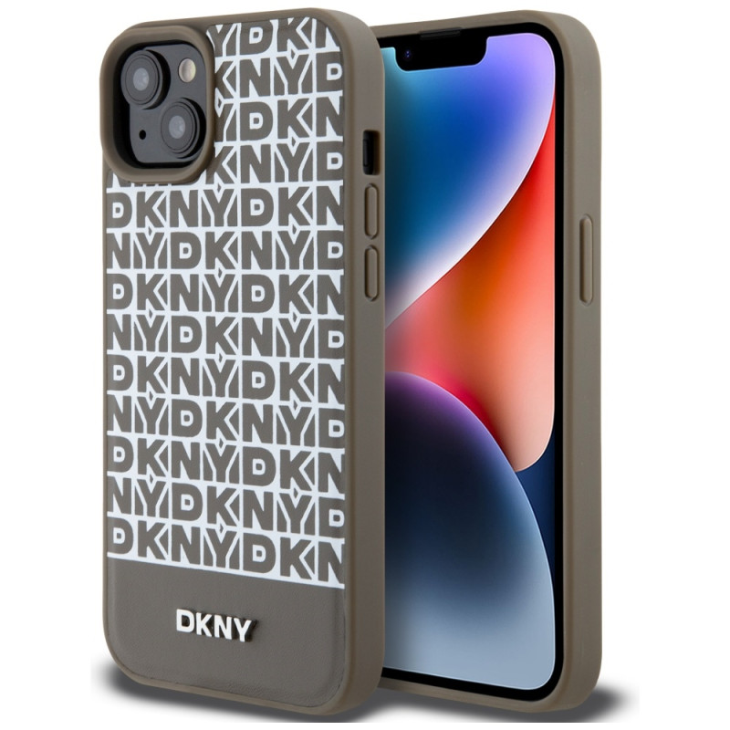 Kryt DKNY Leather Printed Pattern Metal Logo MagSafe pro iPhone 15 / 14 / 13 - hnědý