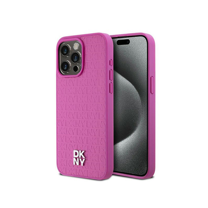Kryt DKNY Leather Monogram Pattern Metal Logo MagSafe pro iPhone 15 Pro Max - růžová