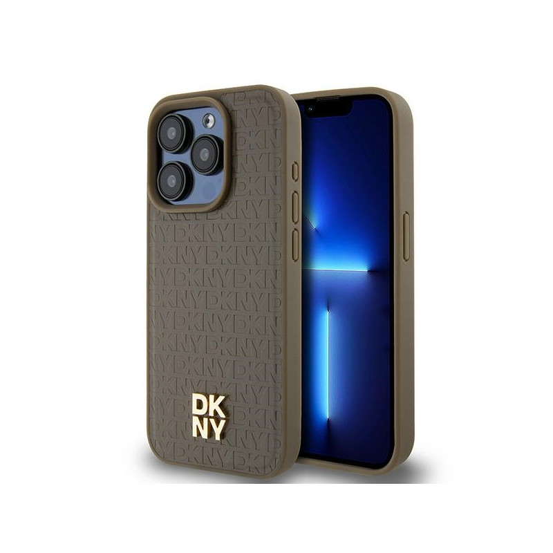 Kryt DKNY LEATHER PATTERN METAL LOGO MagSafe pro iPhone 15 Pro Max - hnědý