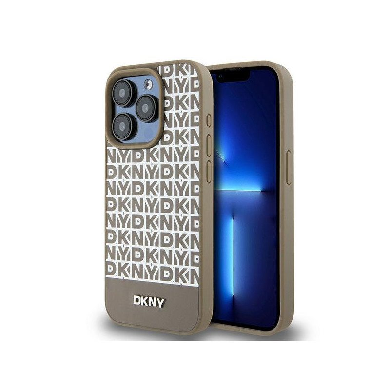 Kryt DKNY LEATHER PRINTED PATTERN METAL LOGO pro iPhone 15 Pro Max - hnědý