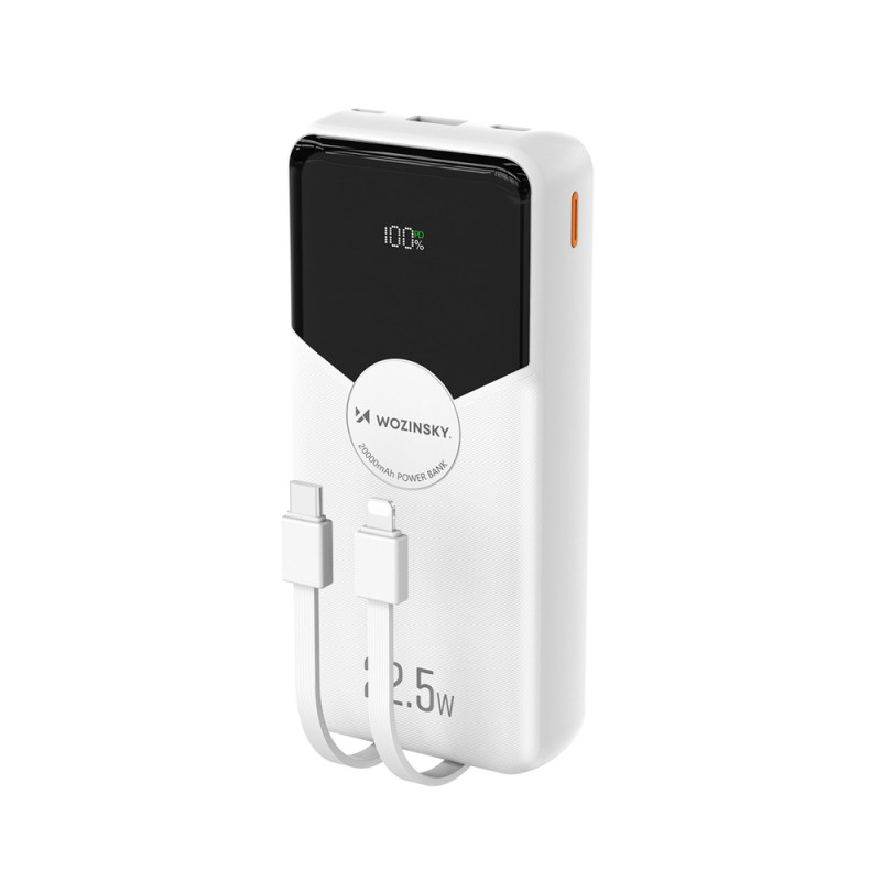 Powerbanka Wozinsky WFC-15W 20000mAh 22,5W PD20W s vestavěnými kabely Lightning a USB-C - bílá