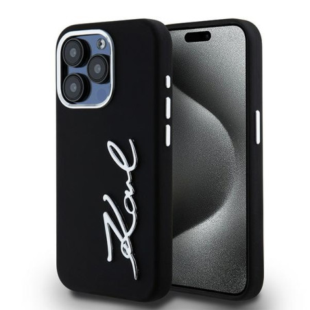 Kryt Karl Lagerfeld SILICONE METAL SCRIPT Logo iPhone 15 Pro černý