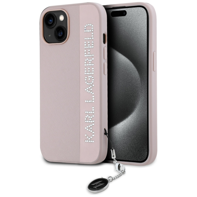 Kryt Karl Lagerfeld SAFFIANO RHINESTONES & CHARM pro iPhone 15 / 14 / 13 - pink