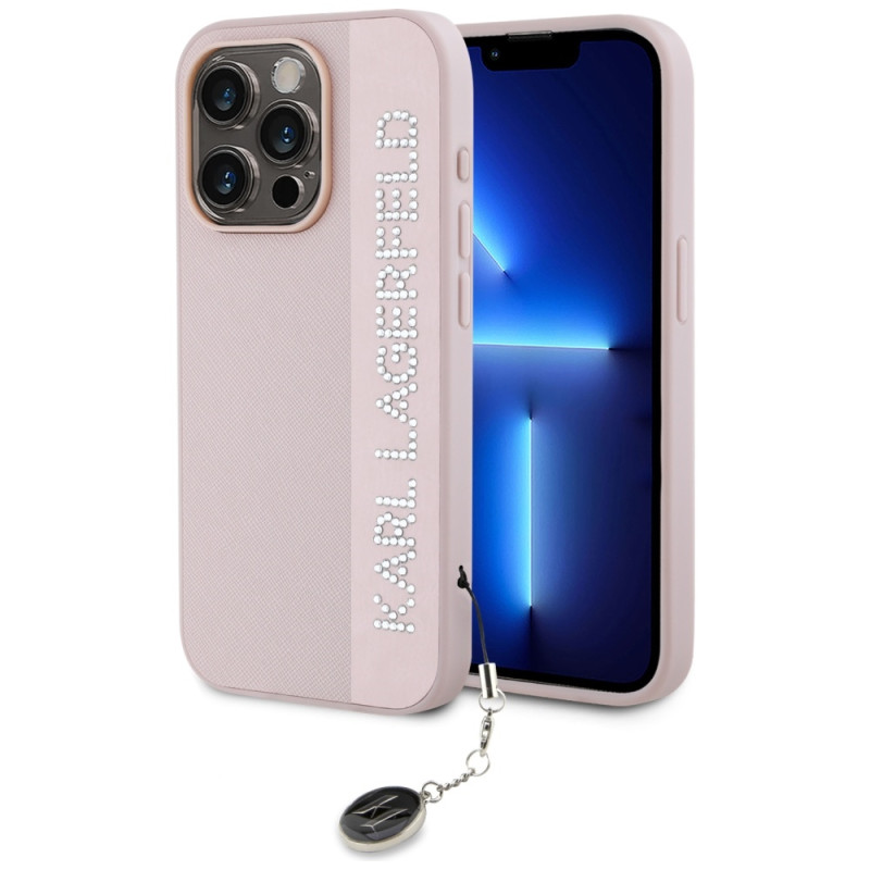 Pouzdro/Kryt Karl Lagerfeld SAFFIANO Rhinestones & Charm pro iPhone 15 Pro Max - pink