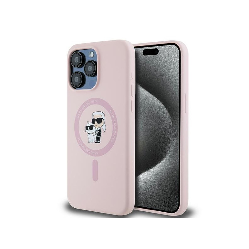 Kryt Karl Lagerfeld SILICONE Karl&Choupette pro iPhone 15 Pro - růžová