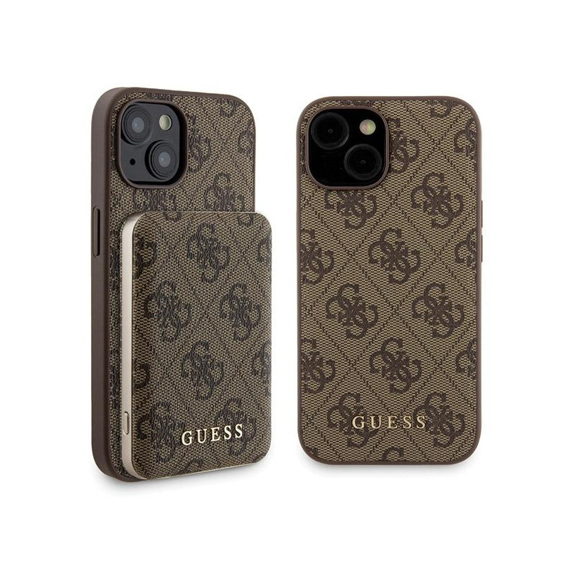 Sada pro mobilní příslušenství Guess 4G Metal Logo pro iPhone 15 - hnědá