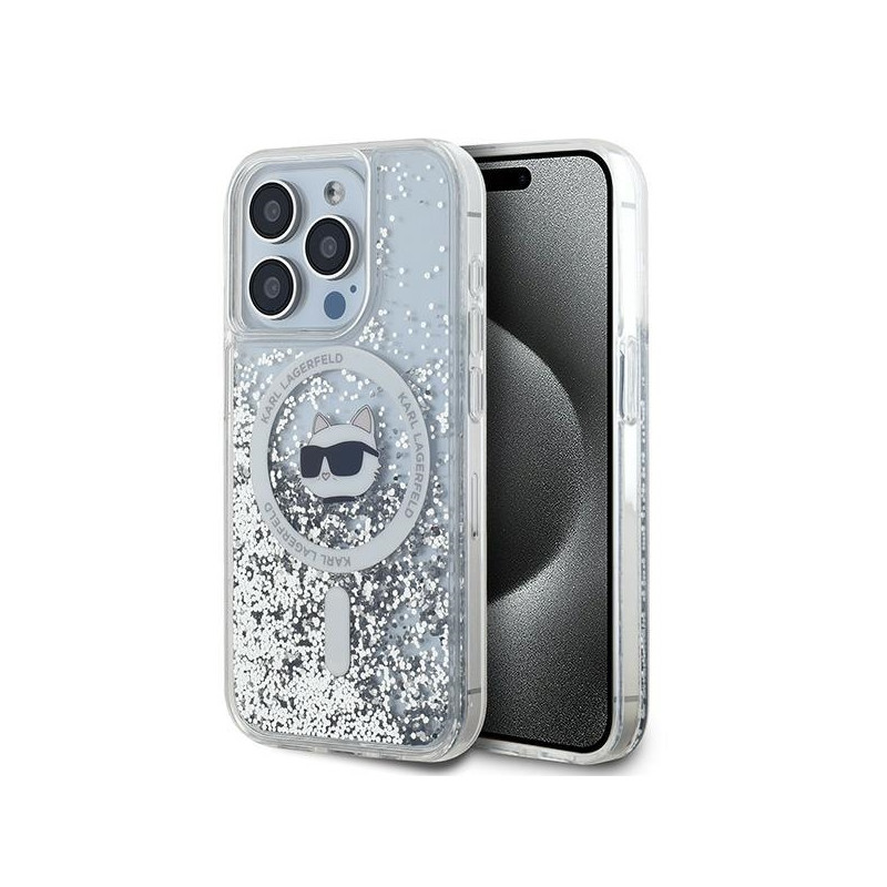 Pouzdro Karl Lagerfeld CHOUPETTE HEAD Liquid Glitter pro iPhone 14 Pro Max - transparent