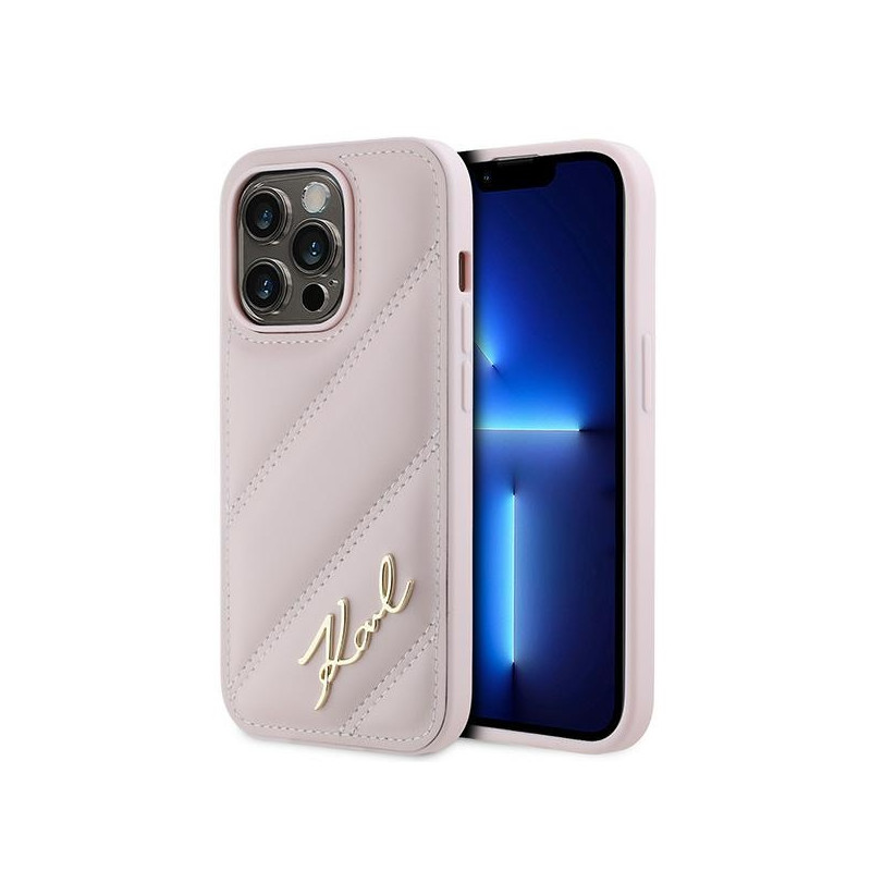 Pouzdro Karl Lagerfeld DIAGONAL QUILTED SCRIPT pro iPhone 14 Pro - růžové