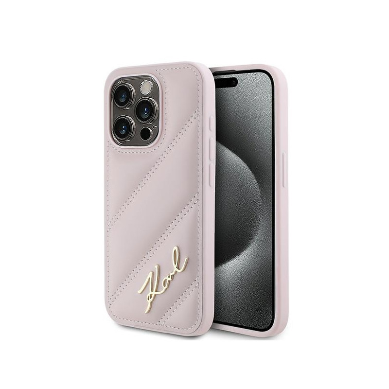Pouzdro Karl Lagerfeld DIAGONAL QUILTED SCRIPT pro iPhone 15 Pro - růžová