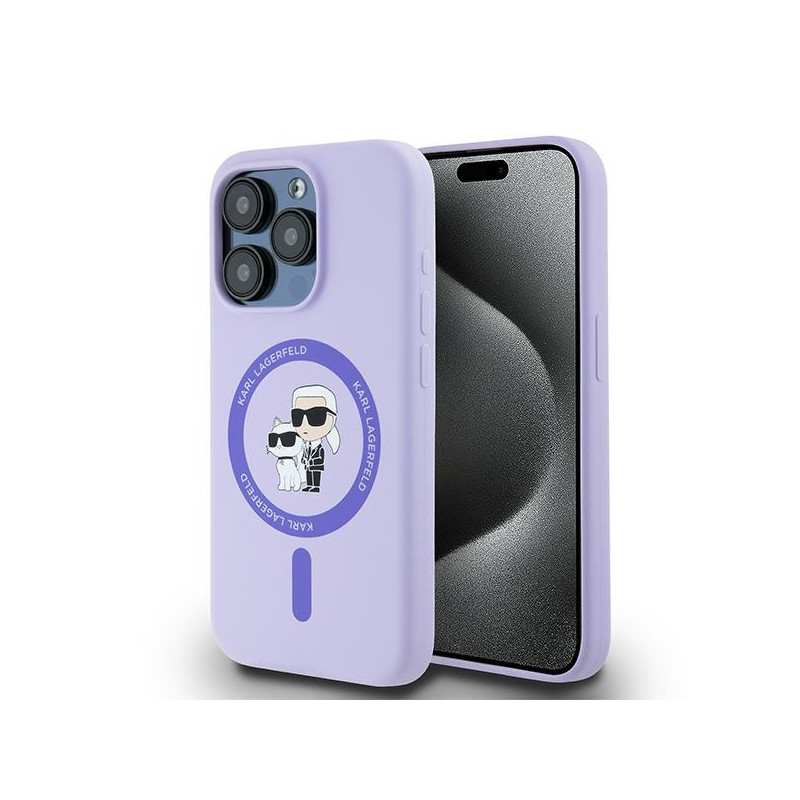 Kryt Karl Lagerfeld SILICONE KARL&Choupette Heads Ring pro iPhone 15 Pro - fialová