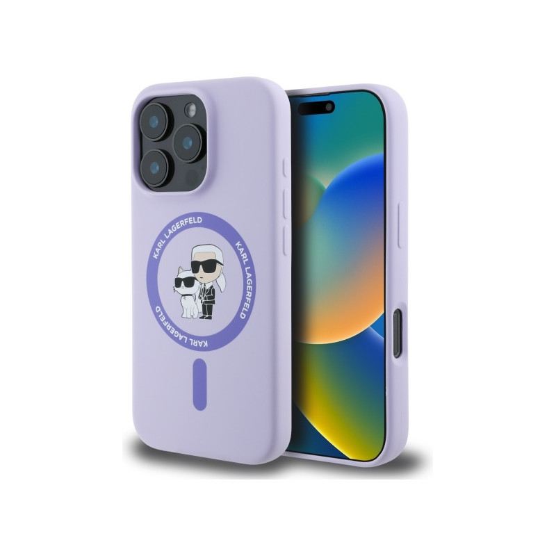 Kryt Karl Lagerfeld SILICONE KARL&CHOUPETTE Heads Ring pro iPhone 16 Pro - fialová