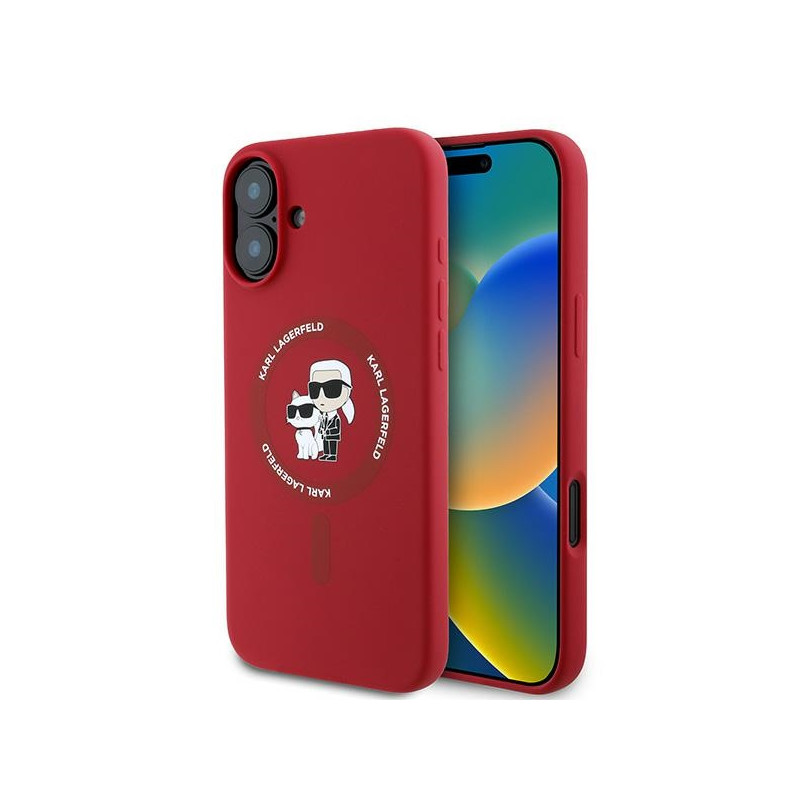 Kryt Karl Lagerfeld SILICONE Karl&Choupette Heads Ring pro iPhone 16 Plus - červený