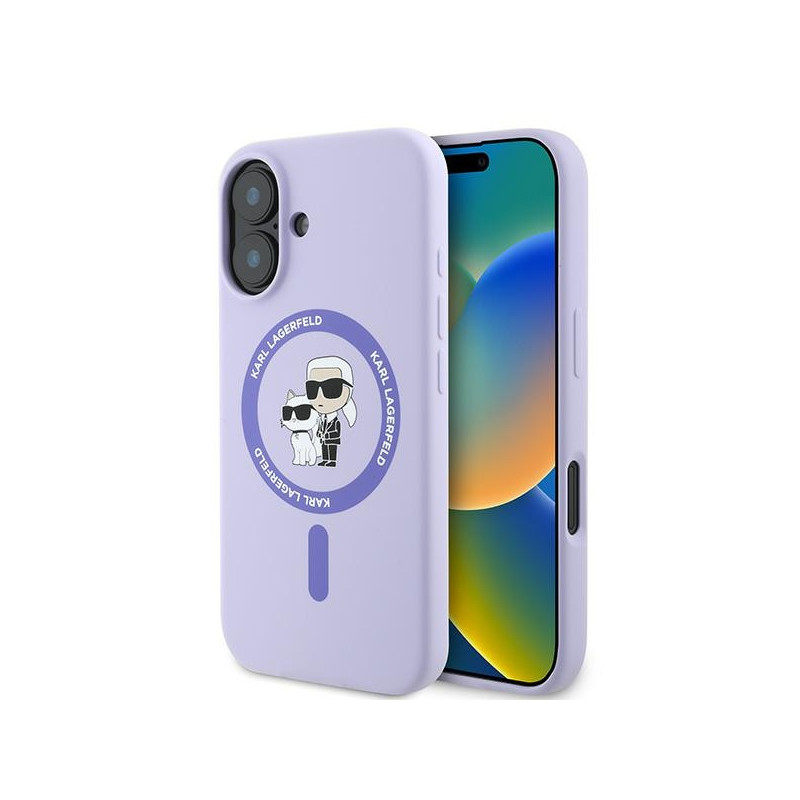 Kryt Karl Lagerfeld Silicone Karl&Choupette Heads pro iPhone 16 Plus - fialová