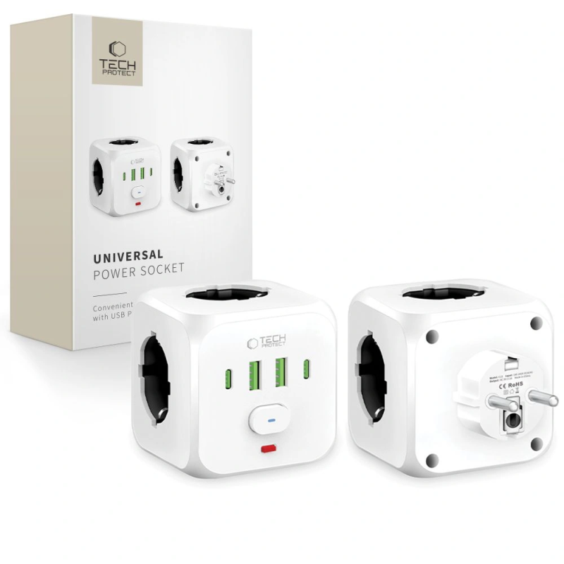 Napájecí kostka Tech-Protect PCL3X4 Power Socket 2xUSB-A, 2xUSB-C, 3xAC Bílá