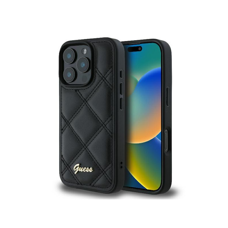 Pouzdro GUESS Quilted Metal Logo pro iPhone 16 Pro - černé