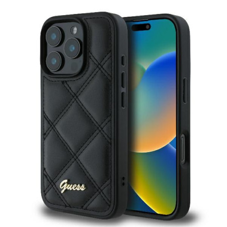 Pouzdro GUESS Quilted Metal Logo iPhone 16 Pro - černé