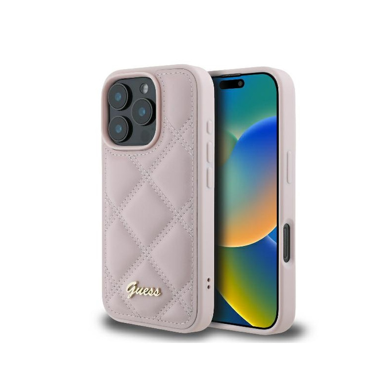 Kryt Guess QUEILTED METAL LOGO pro iPhone 16 Pro - růžová