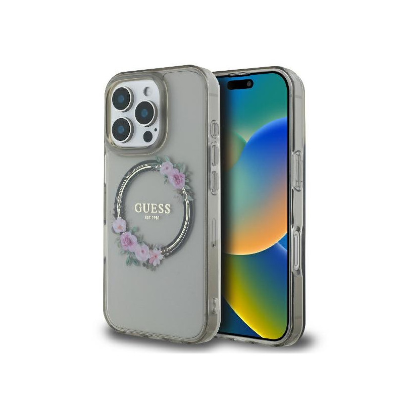 Pouzdro Guess IML Flowers Wreath pro iPhone 16 Pro - černé