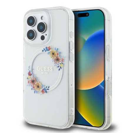 Kryt Guess IML FLOWERS MagSafe pro iPhone 16 Pro - clear